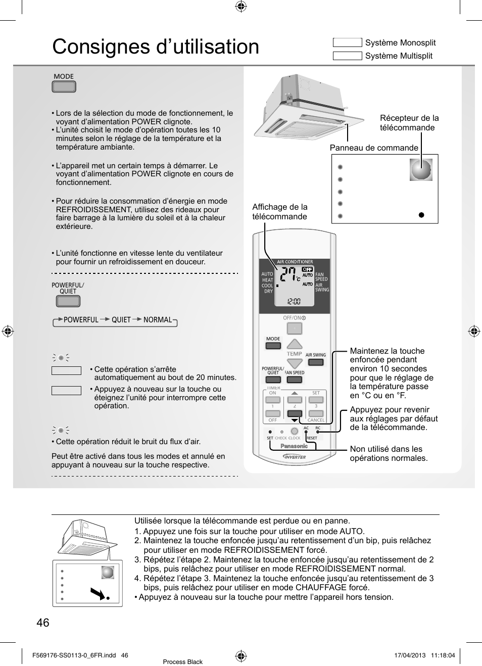 Consignes d’utilisation, Touche auto off/on (marche/arrêt automatique), Pour sélectionner un mode de fonctionnement | Pour passer de puissant à silencieux, Récepteur de la télécommande, Système monosplit, Système multisplit | Panasonic CU3E18PBE User Manual | Page 46 / 80