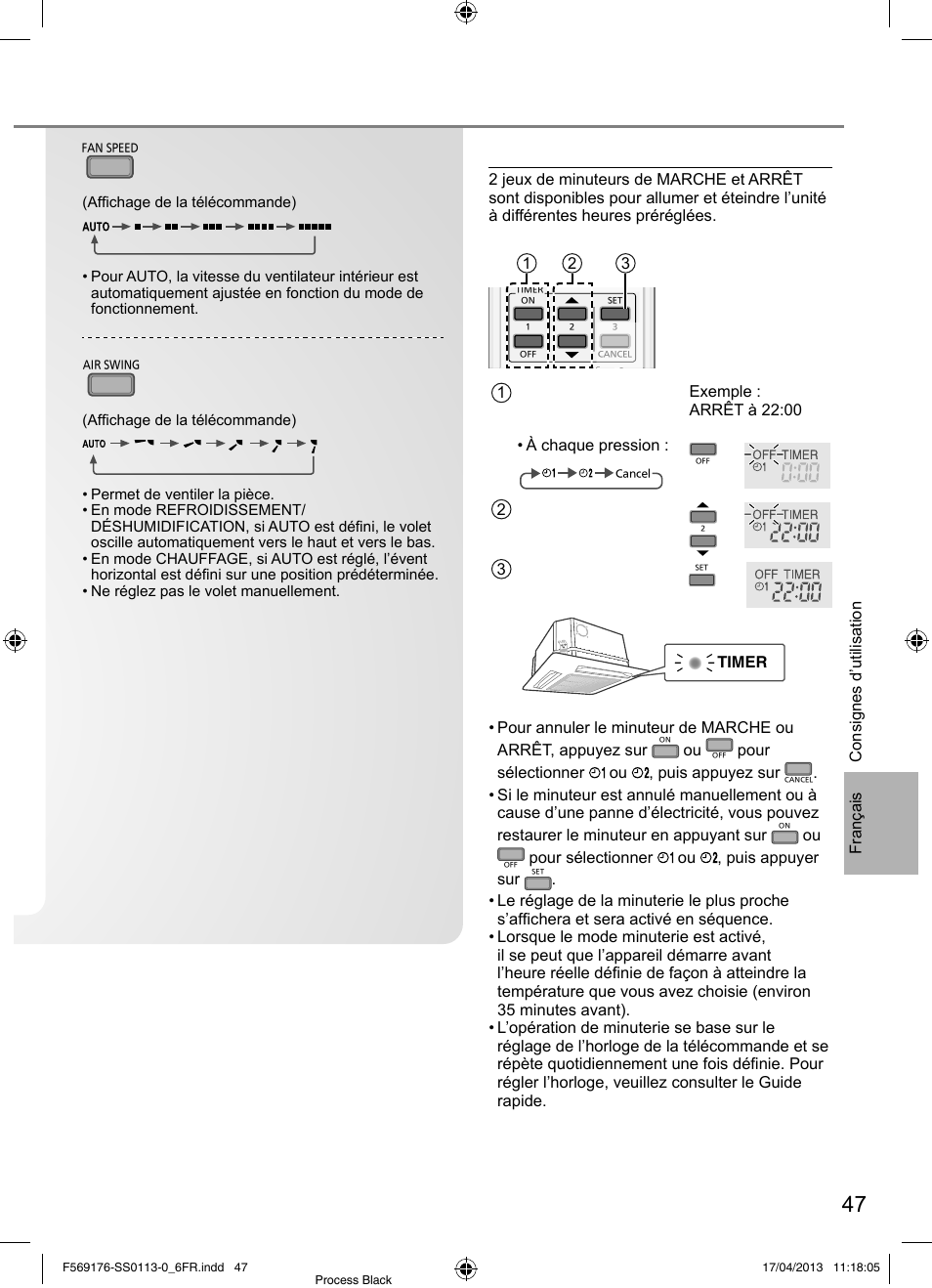 Pour régler l’heure, Pour sélectionner la vitesse du ventilateur | Panasonic CU3E18PBE User Manual | Page 47 / 80