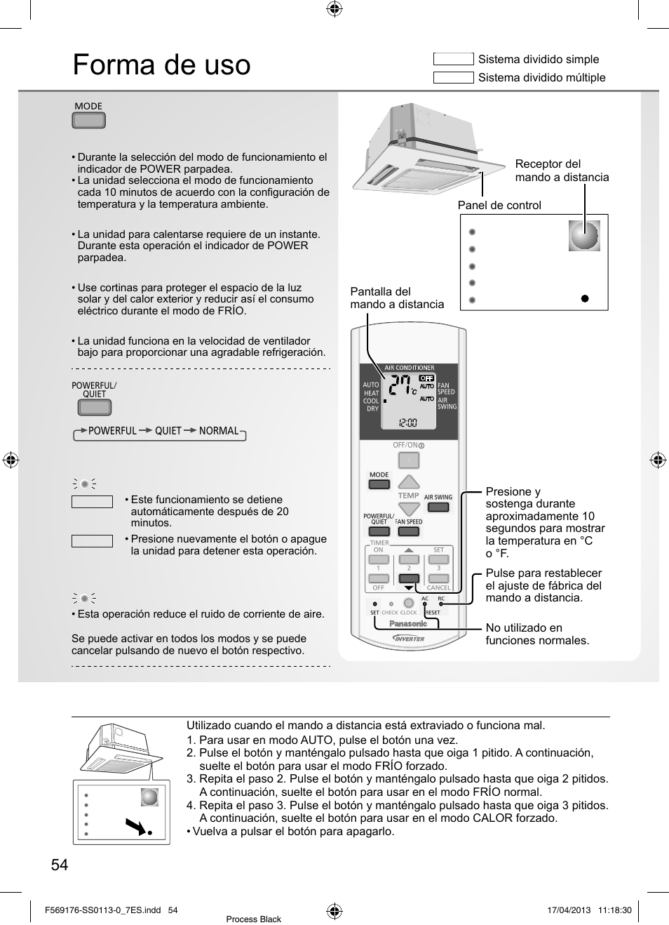 Forma de uso, Seleccionar modo de operación, Para cambiar entre potente y silencioso | Receptor del mando a distancia, Sistema dividido simple, Sistema dividido múltiple | Panasonic CU3E18PBE User Manual | Page 54 / 80