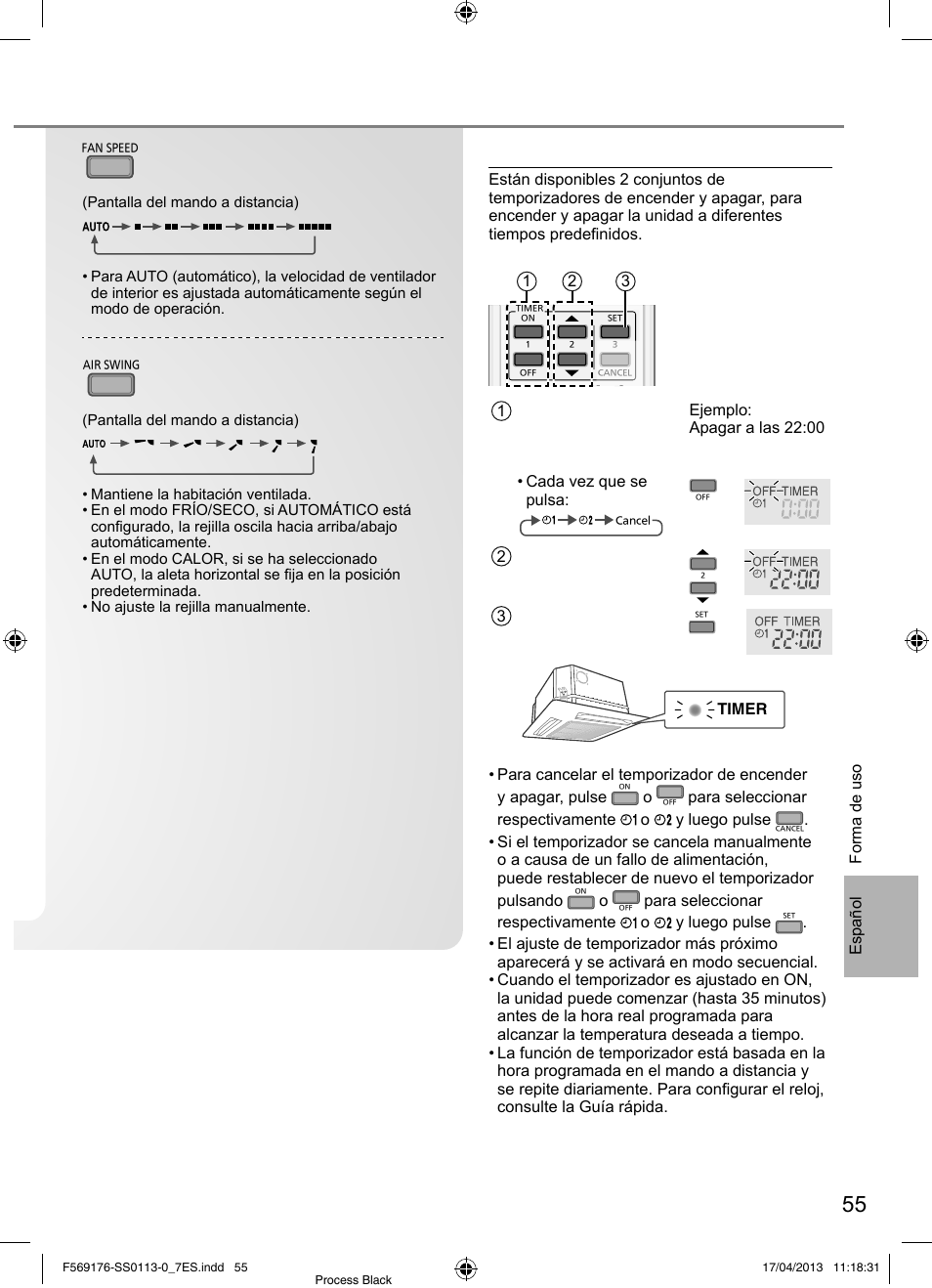 Para ajustar el temporizador, Para seleccionar la velocidad del ventilador | Panasonic CU3E18PBE User Manual | Page 55 / 80