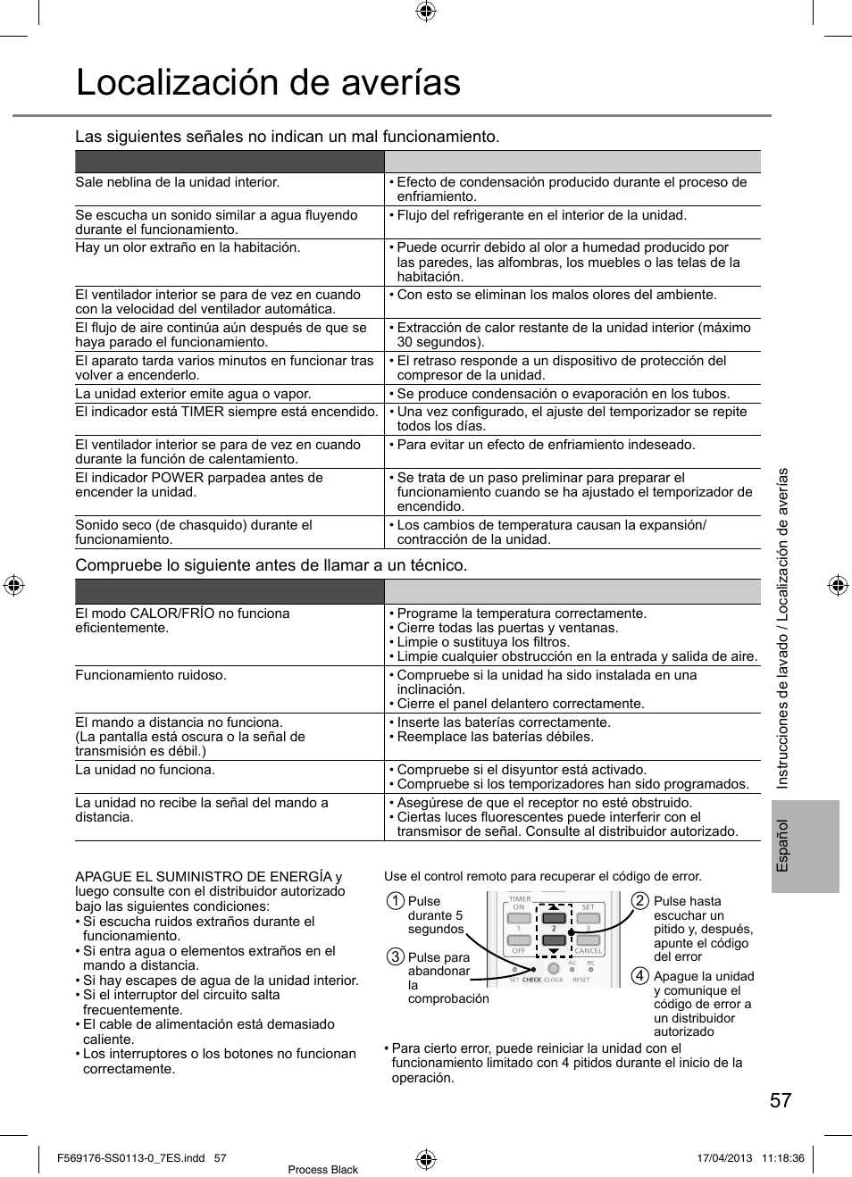 Localización de averías, No utilice la unidad si, La unidad se detiene y el timer parpadea | Panasonic CU3E18PBE User Manual | Page 57 / 80