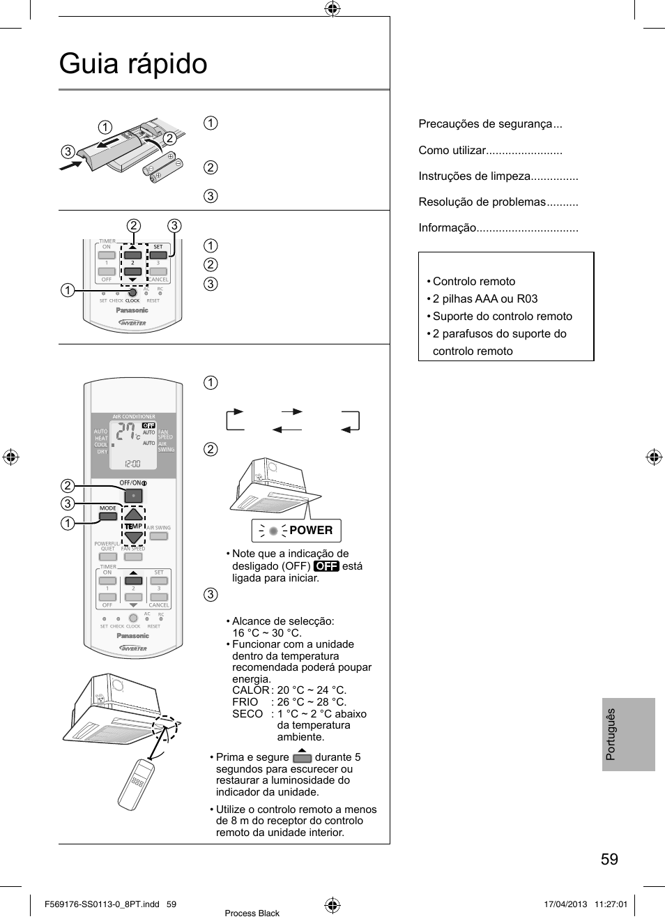Guia rápido, Inserir as pilhas, Confi gurar o relógio | Funcionamento básico, Índice, Acessórios, Português, 1 prima clock 2 confi gure a hora 3 confi rmar, 3 programe a temperatura desejada | Panasonic CU3E18PBE User Manual | Page 59 / 80