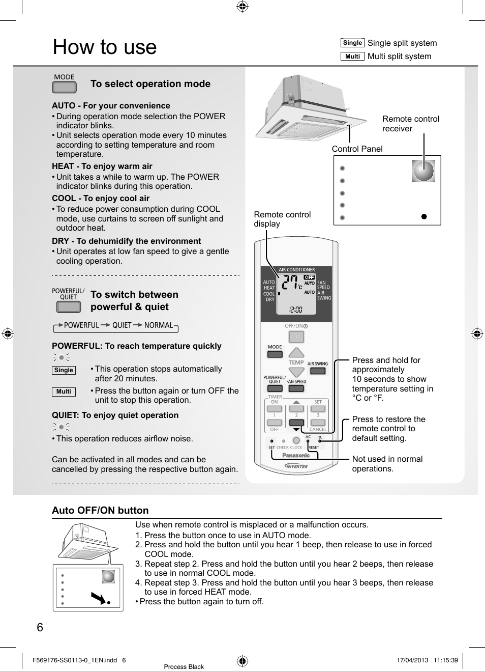 How to use, Auto off/on button, Powerful: to reach temperature quickly | Single split system, Multi split system | Panasonic CU3E18PBE User Manual | Page 6 / 80