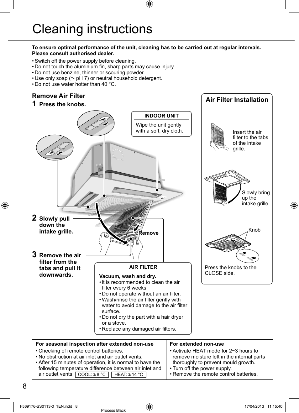 Cleaning instructions | Panasonic CU3E18PBE User Manual | Page 8 / 80