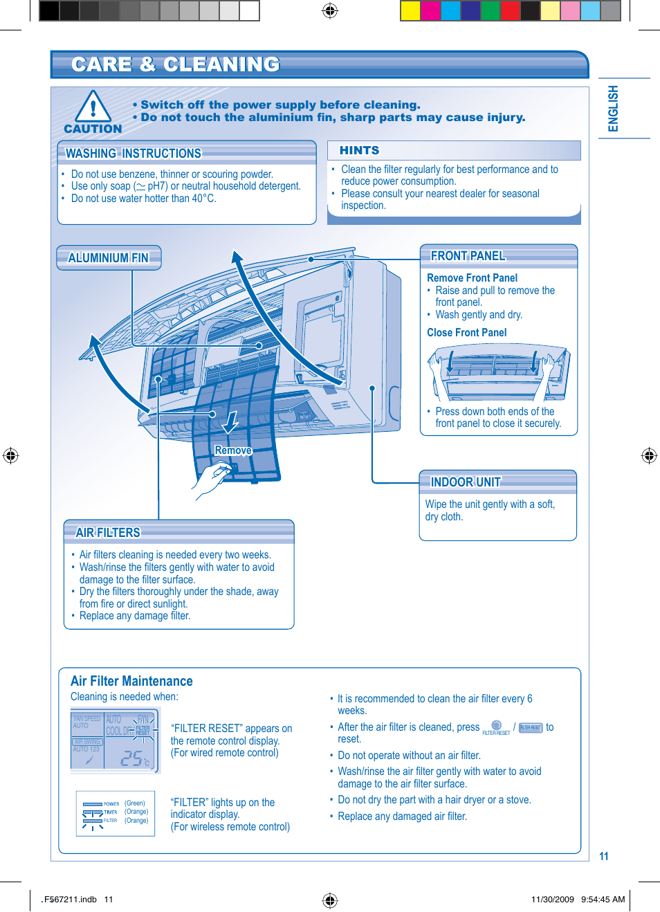 Care & cleaning, Air filter maintenance | Panasonic S36KA1E5 User Manual | Page 11 / 112