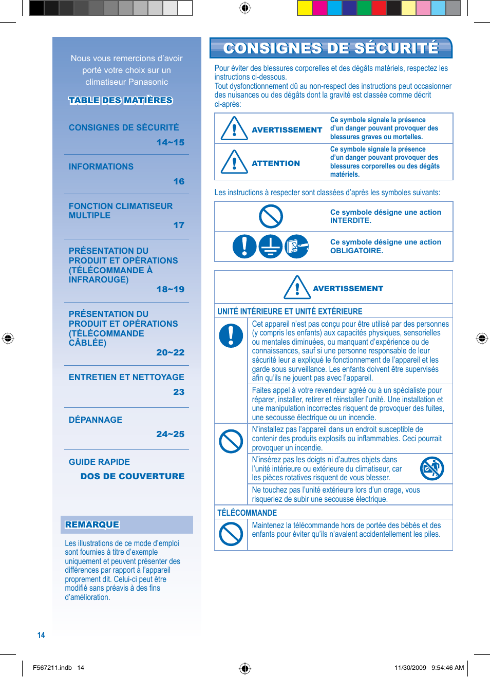 Consignes de sécurité | Panasonic S36KA1E5 User Manual | Page 14 / 112