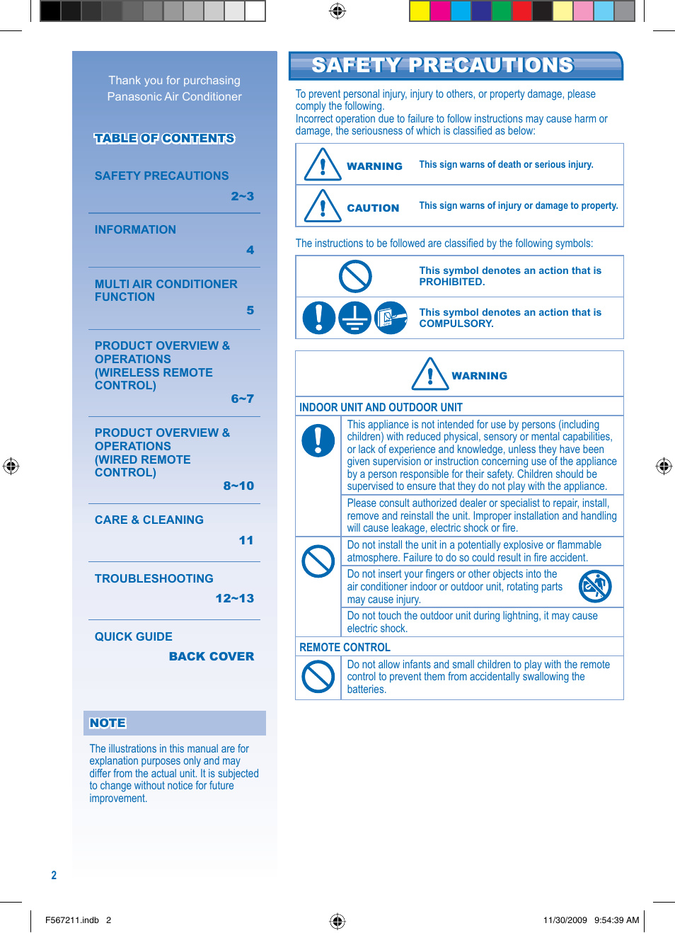 Safety precautions | Panasonic S36KA1E5 User Manual | Page 2 / 112