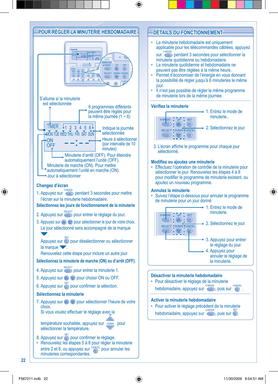 On off timer, Pour régler la minuterie hebdomadaire, Détails du fonctionnement | Changez d’écran 1. appuyez sur, Pour sélectionner la température. 8. appuyez sur, Puis sur | Panasonic S36KA1E5 User Manual | Page 22 / 112