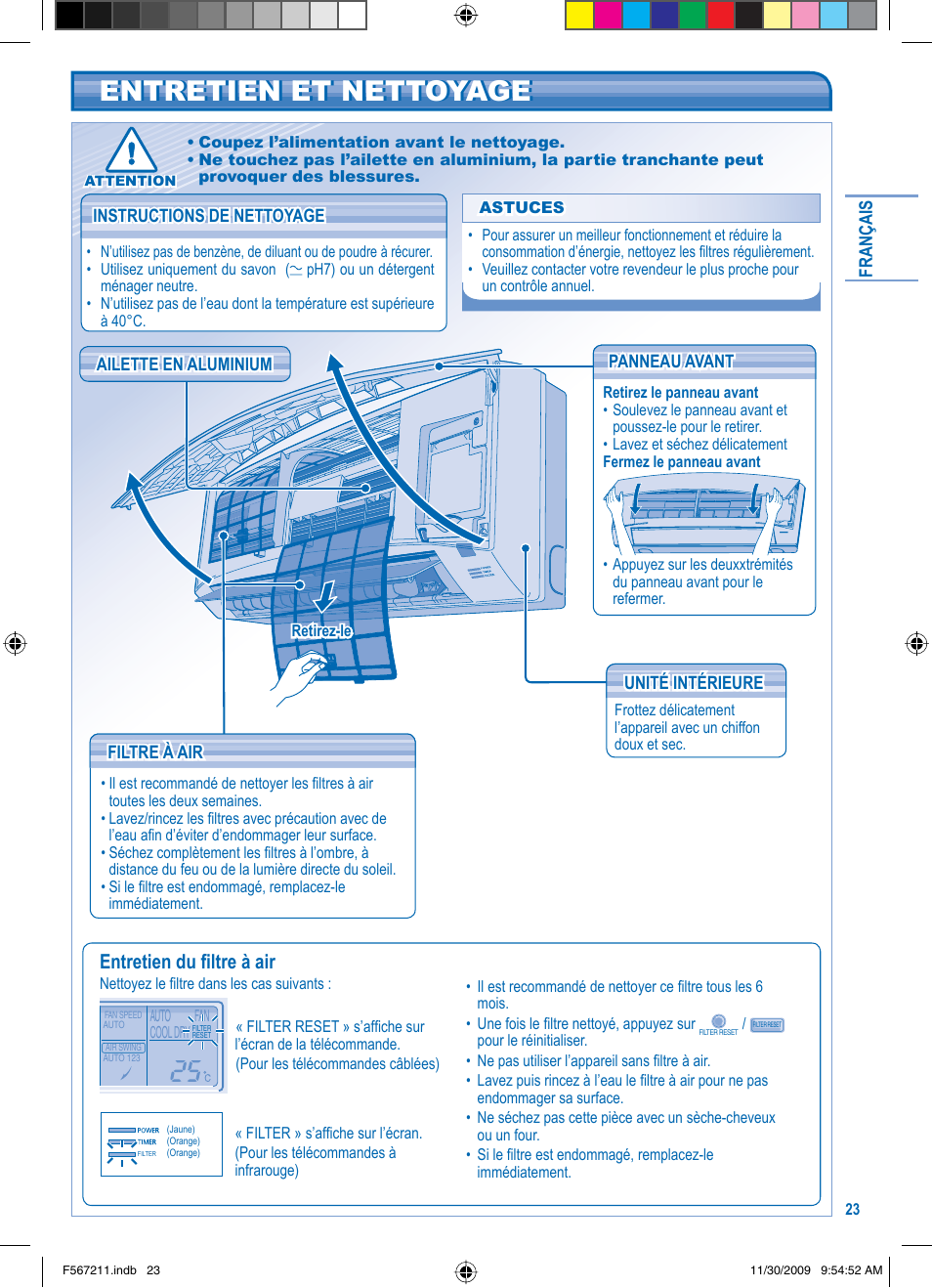 Entretien et nettoyage, Entretien du fi ltre à air | Panasonic S36KA1E5 User Manual | Page 23 / 112