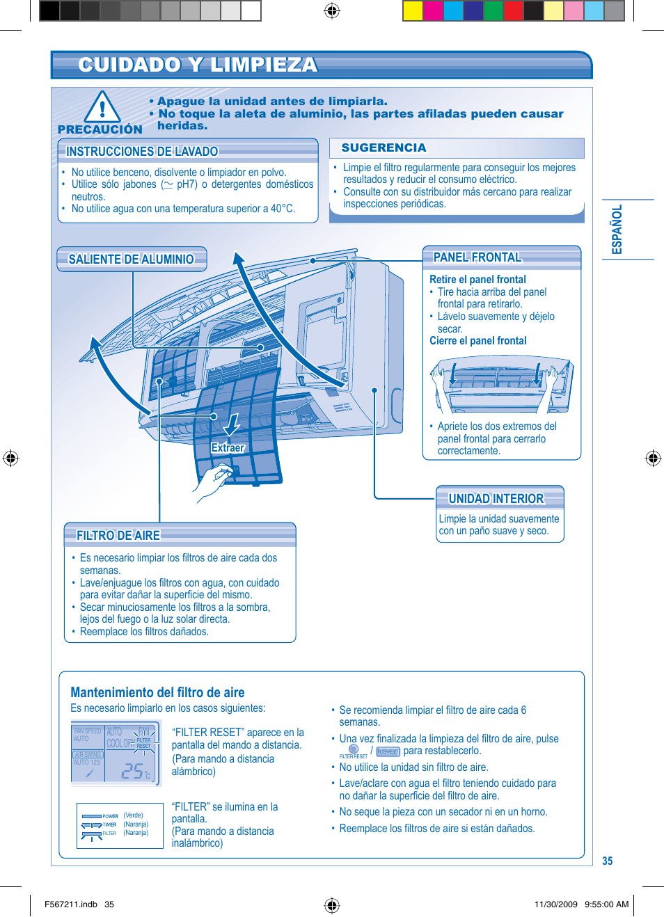 Cuidado y limpieza, Mantenimiento del fi ltro de aire | Panasonic S36KA1E5 User Manual | Page 35 / 112