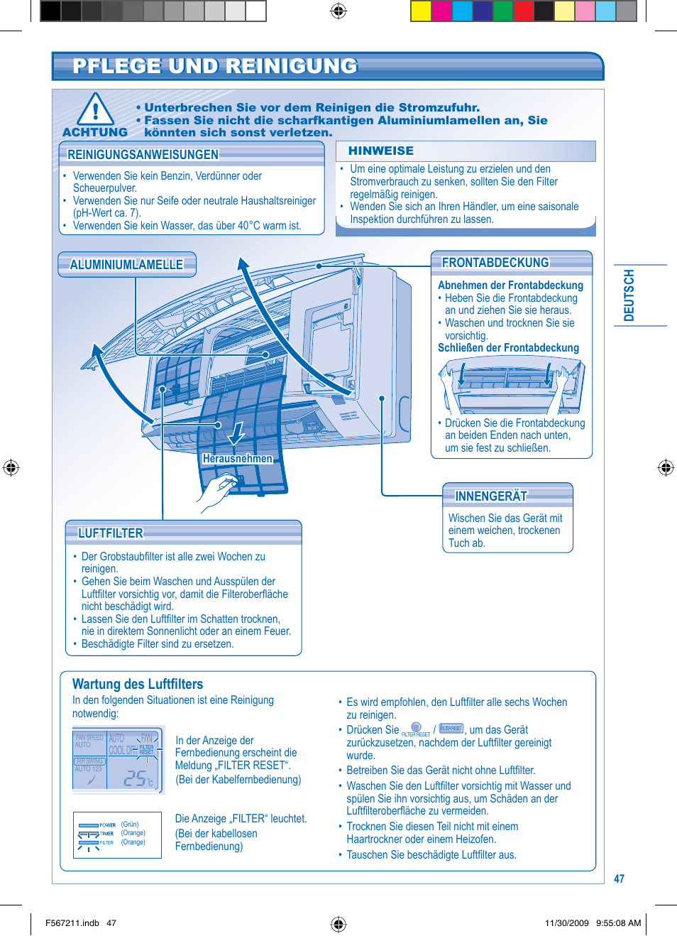 Pflege und reinigung, Wartung des luftfi lters | Panasonic S36KA1E5 User Manual | Page 47 / 112