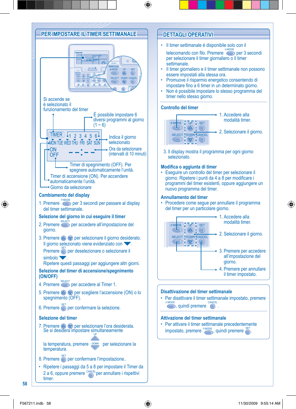 On off timer, Per impostare il timer settimanale, Dettagli operativi dettagli operativi | Cambiamento del display 1. premere, Per selezionare la temperatura. 8. premere, Quindi premere | Panasonic S36KA1E5 User Manual | Page 58 / 112