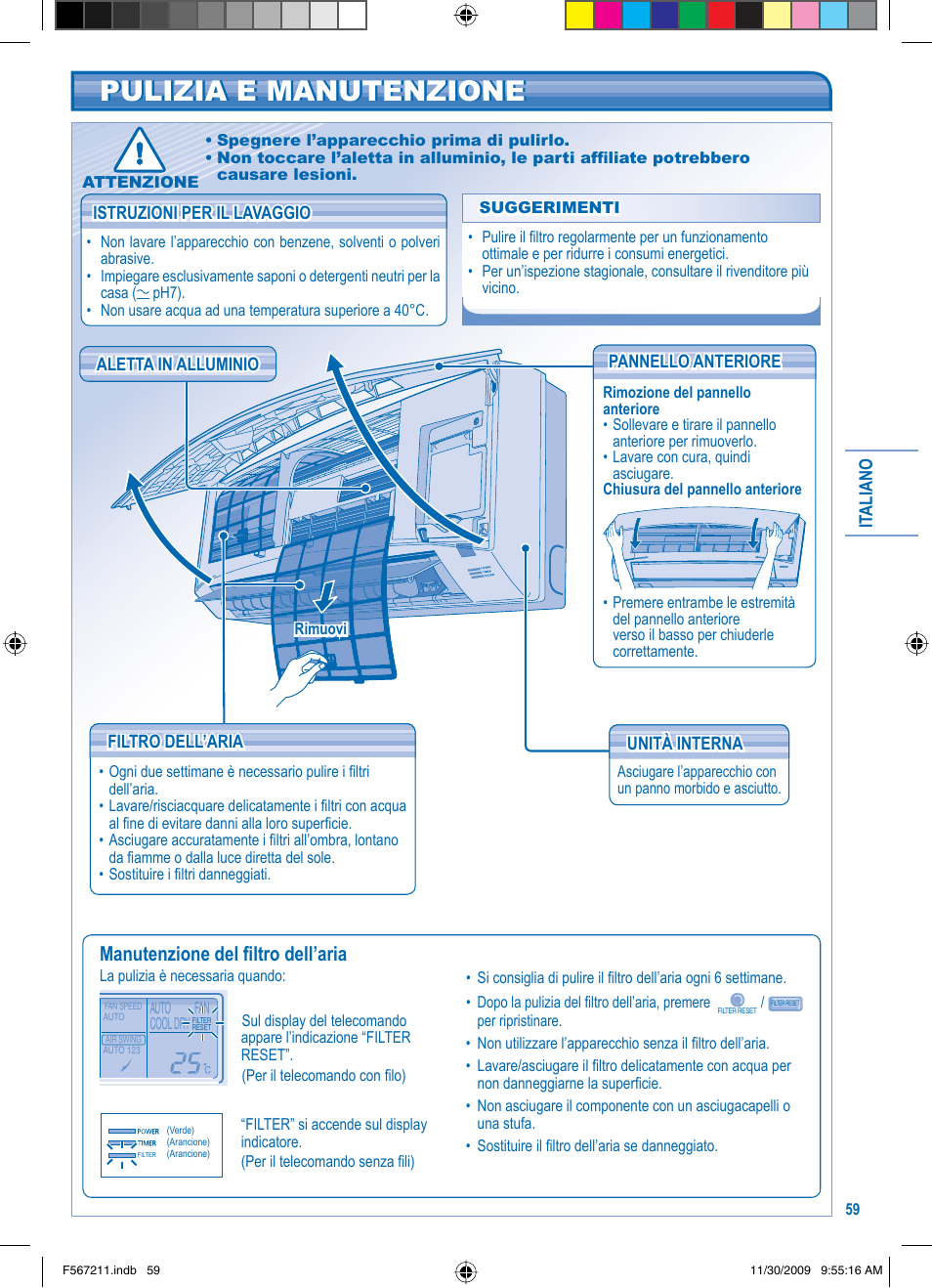 Pulizia e manutenzione, Manutenzione del fi ltro dell’aria | Panasonic S36KA1E5 User Manual | Page 59 / 112