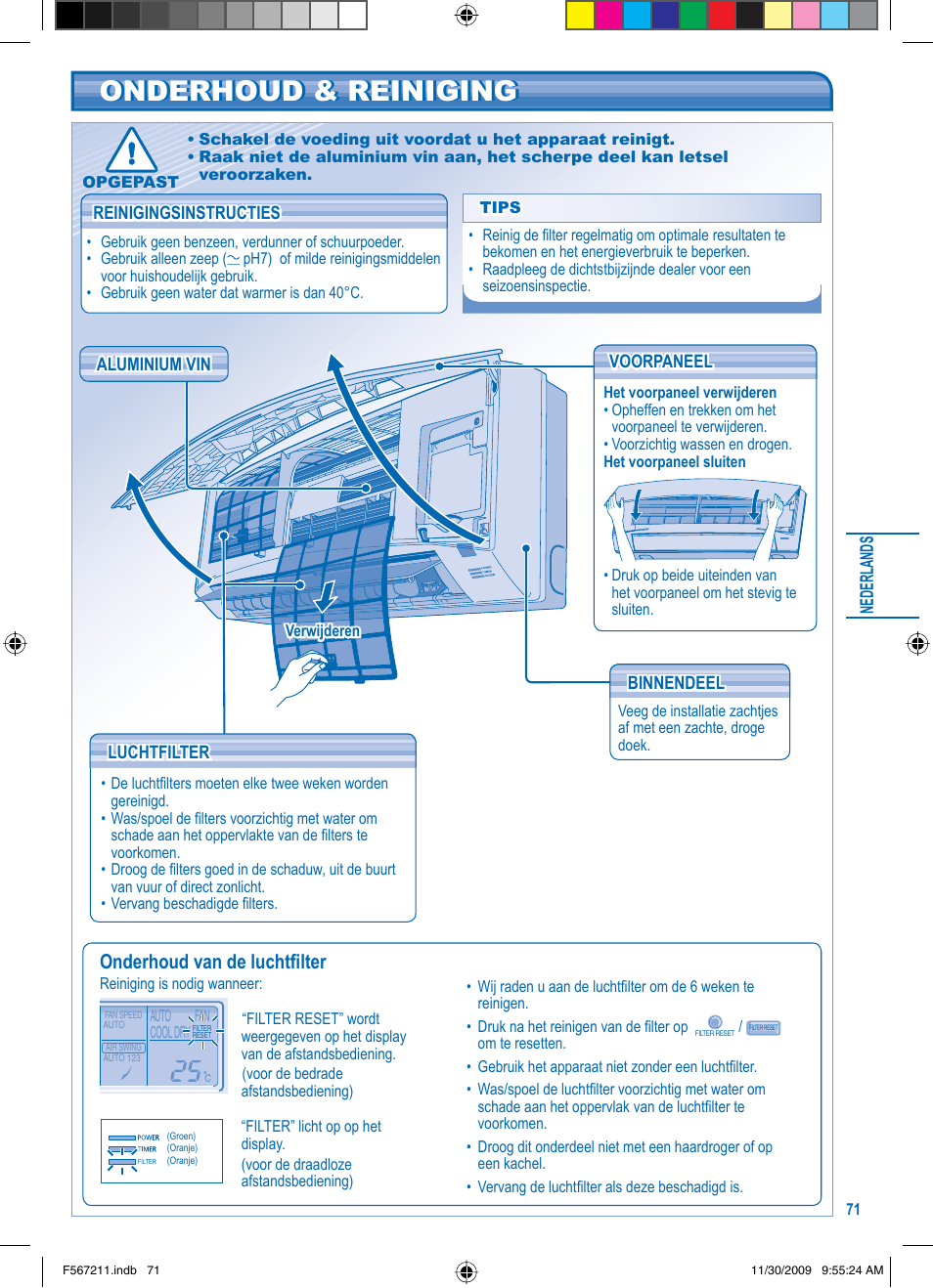 Onderhoud & reiniging, Onderhoud van de luchtfi lter | Panasonic S36KA1E5 User Manual | Page 71 / 112