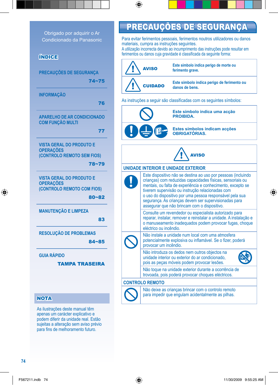 Precauções de segurança | Panasonic S36KA1E5 User Manual | Page 74 / 112