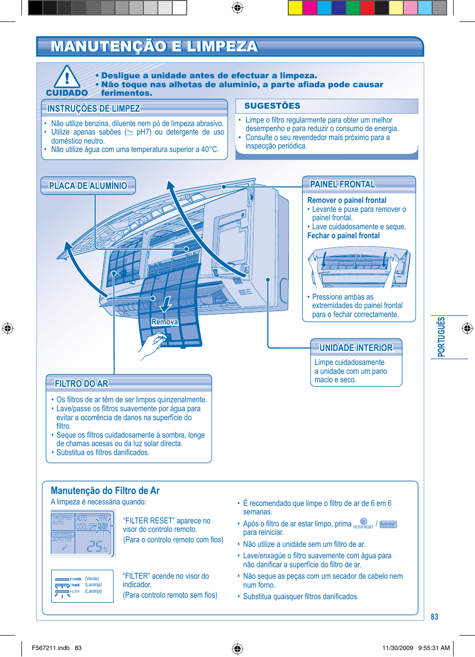 Manutenção e limpeza, Manutenção do filtro de ar | Panasonic S36KA1E5 User Manual | Page 83 / 112