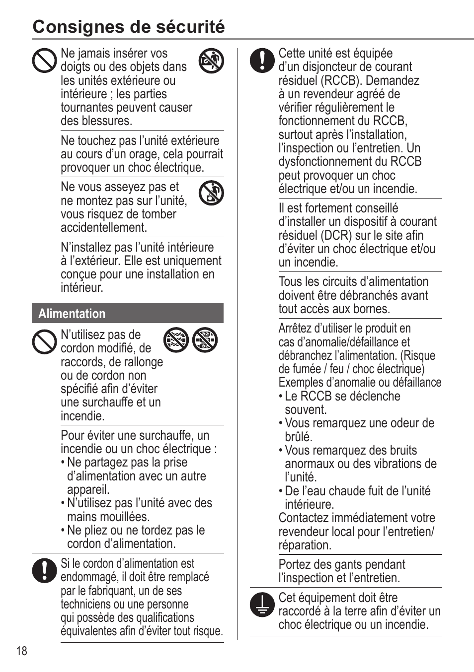 Consignes de sécurité | Panasonic WHUX12FE8 User Manual | Page 18 / 100