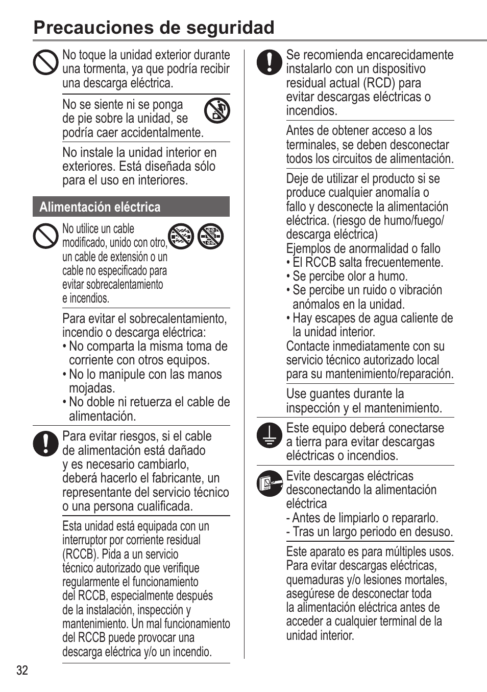 Precauciones de seguridad | Panasonic WHUX12FE8 User Manual | Page 32 / 100