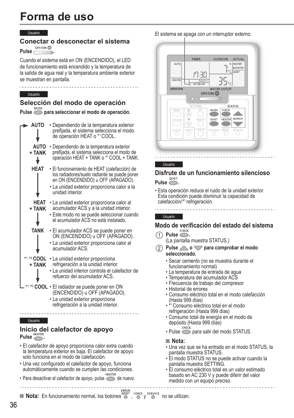 Forma de uso | Panasonic WHUX12FE8 User Manual | Page 36 / 100