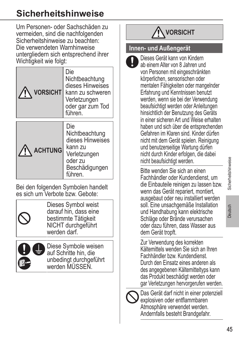 Sicherheitshinweise | Panasonic WHUX12FE8 User Manual | Page 45 / 100