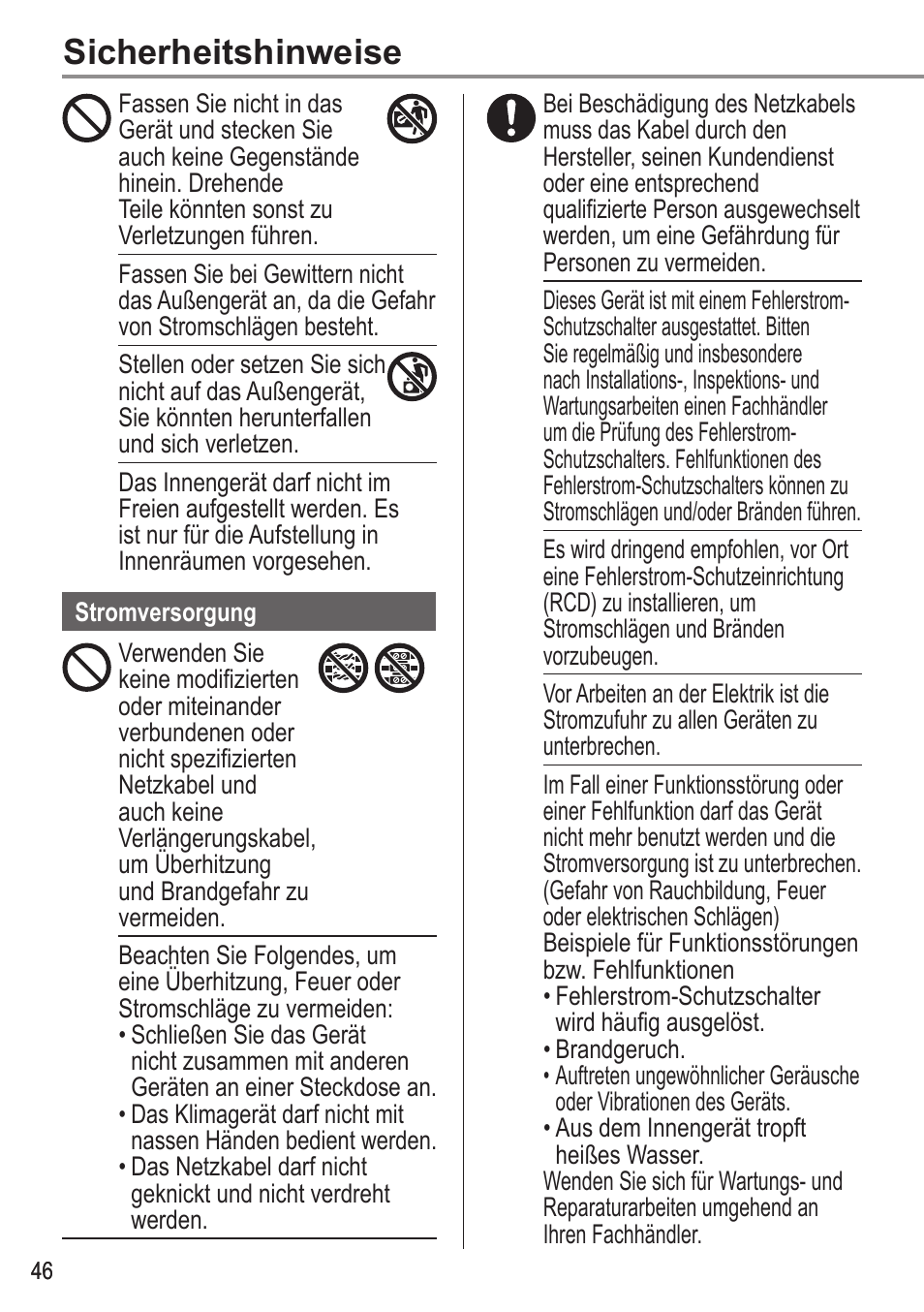 Sicherheitshinweise | Panasonic WHUX12FE8 User Manual | Page 46 / 100