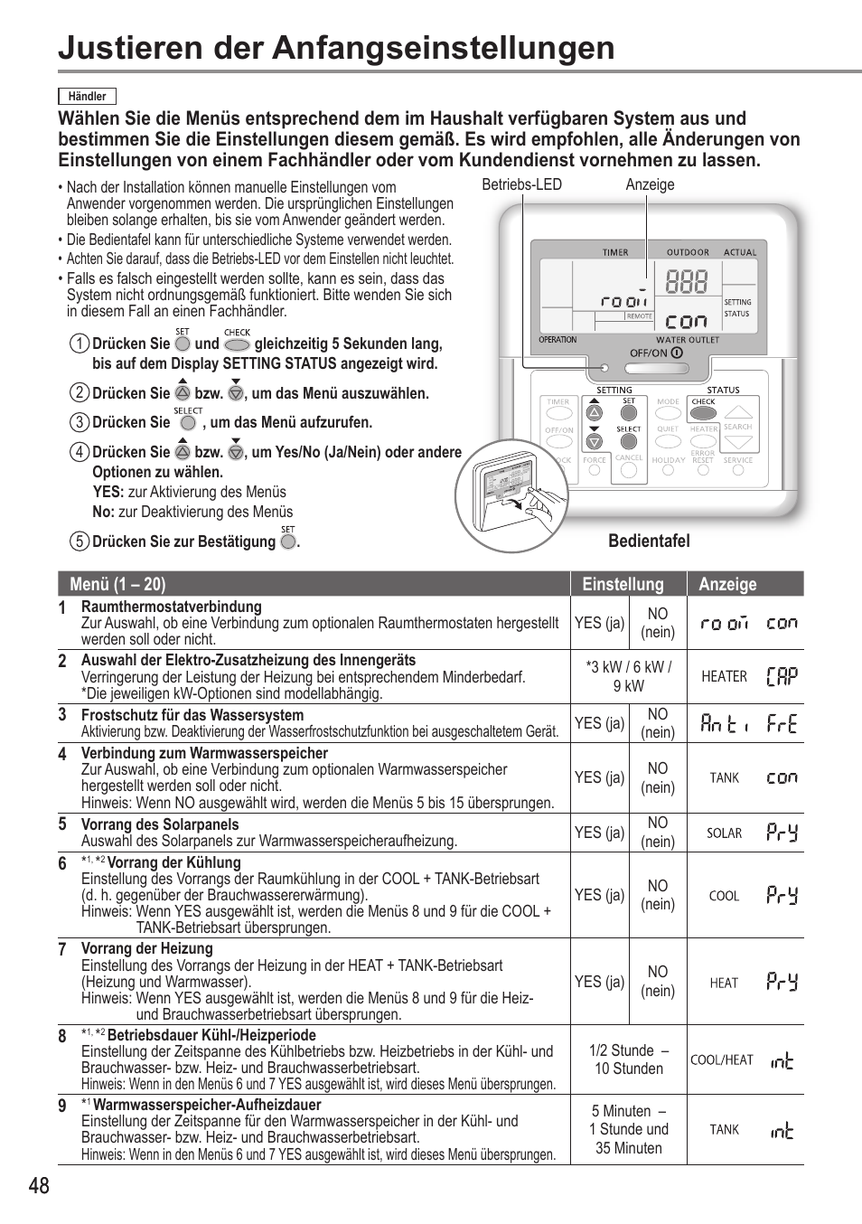 Justieren der anfangseinstellungen | Panasonic WHUX12FE8 User Manual | Page 48 / 100