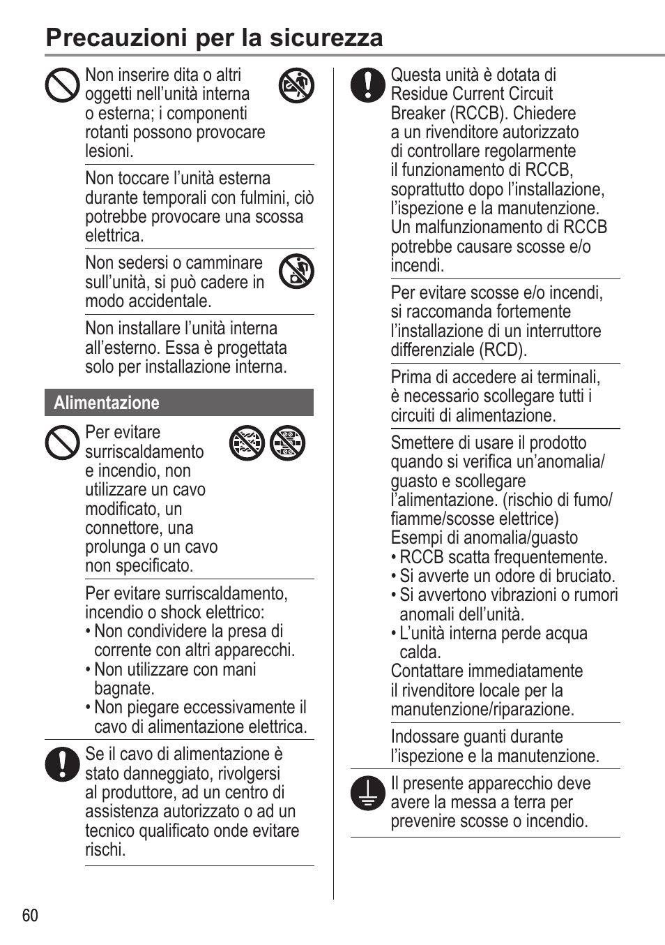 Precauzioni per la sicurezza | Panasonic WHUX12FE8 User Manual | Page 60 / 100