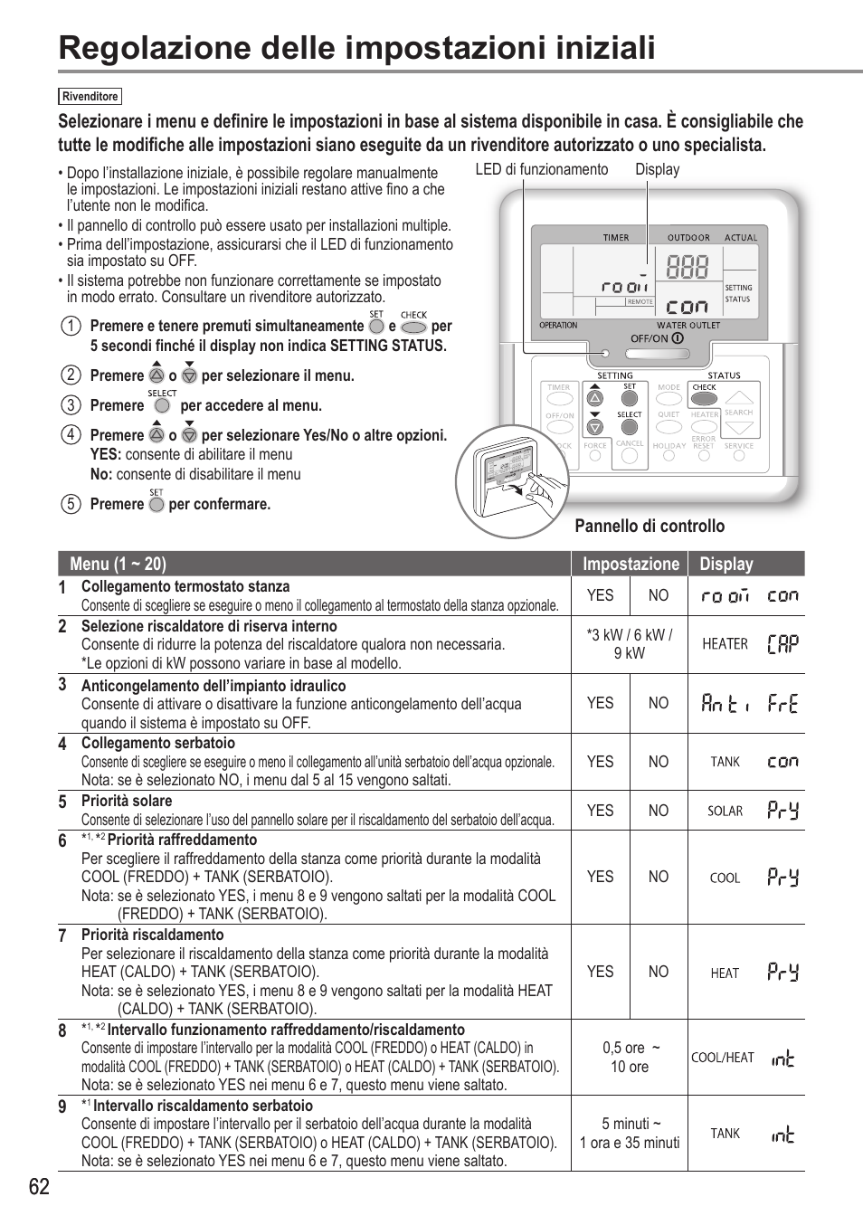 Regolazione delle impostazioni iniziali | Panasonic WHUX12FE8 User Manual | Page 62 / 100