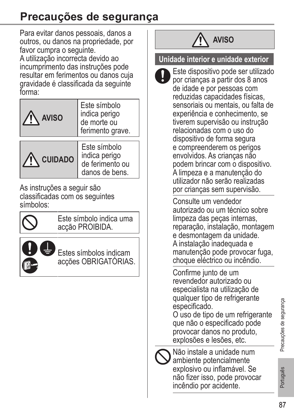 Precauções de segurança | Panasonic WHUX12FE8 User Manual | Page 87 / 100