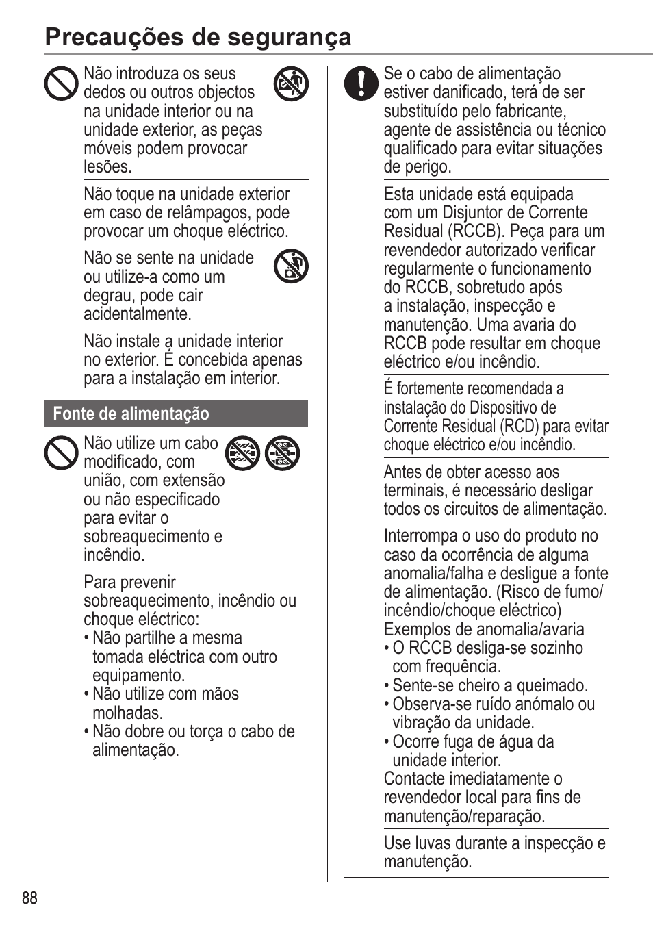 Precauções de segurança | Panasonic WHUX12FE8 User Manual | Page 88 / 100