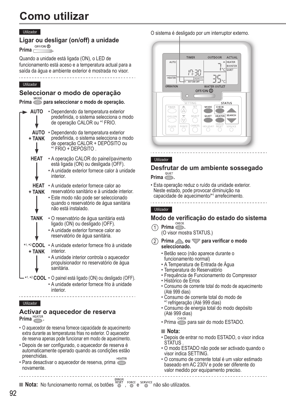 Como utilizar | Panasonic WHUX12FE8 User Manual | Page 92 / 100