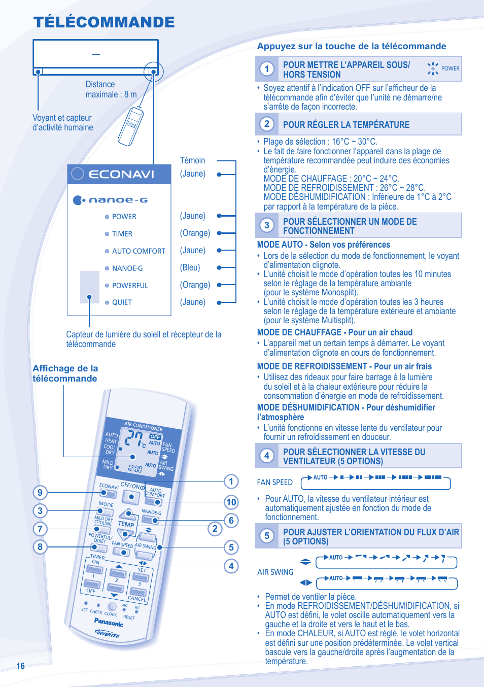 Télécommande | Panasonic CSXE18NKEW User Manual | Page 16 / 64