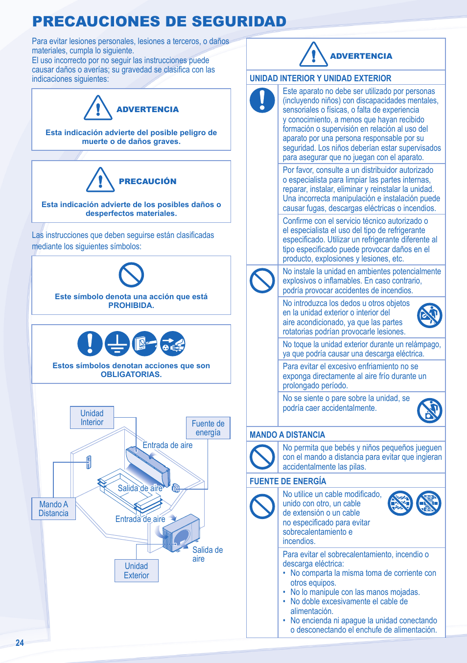 Precauciones de seguridad | Panasonic CSXE18NKEW User Manual | Page 24 / 64