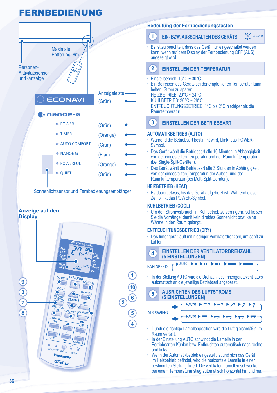 Fernbedienung | Panasonic CSXE18NKEW User Manual | Page 36 / 64