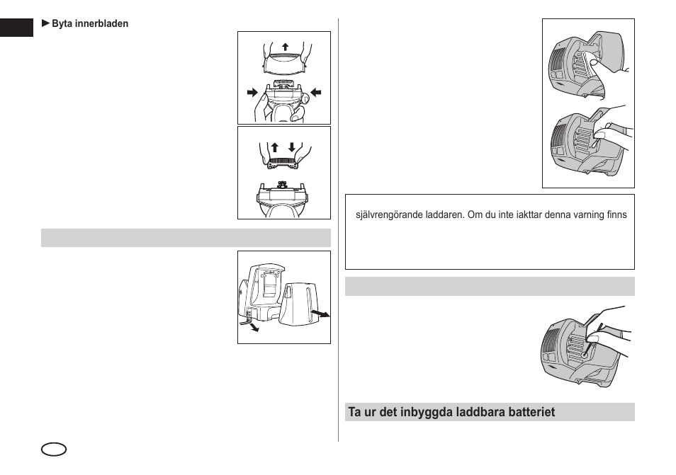 När vattnet inte töms ur rengöringsfacket, Ta ur det inbyggda laddbara batteriet, Rengöring av den självrengörande laddaren | Panasonic ESLA93 User Manual | Page 104 / 178