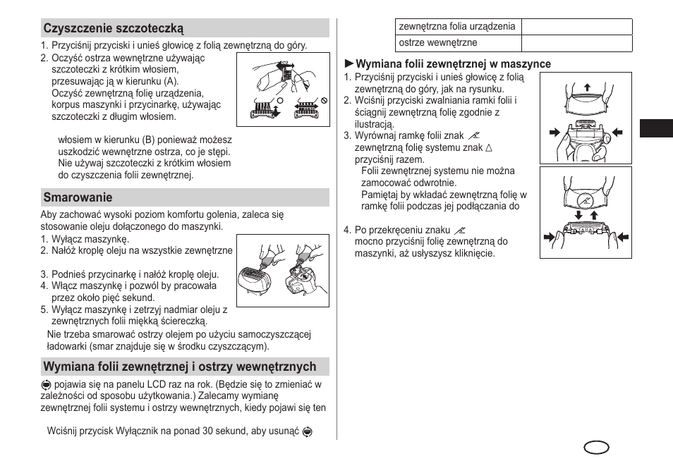 Czyszczenie szczoteczką, Smarowanie, Wymiana folii zewnętrznej i ostrzy wewnętrznych | Panasonic ESLA93 User Manual | Page 123 / 178