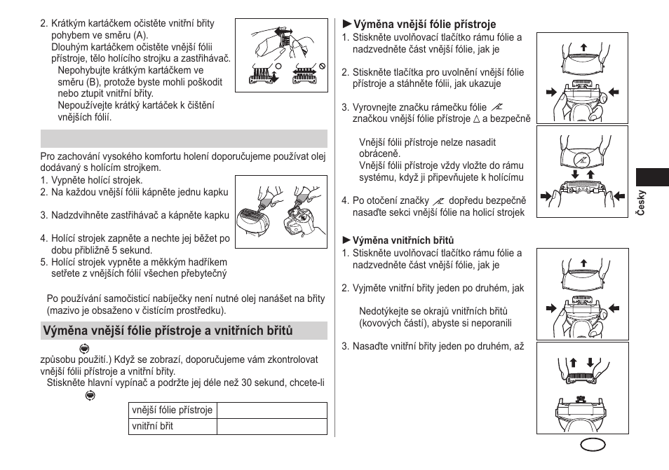 Mazání, Výměna vnější fólie přístroje a vnitřních břitů | Panasonic ESLA93 User Manual | Page 133 / 178