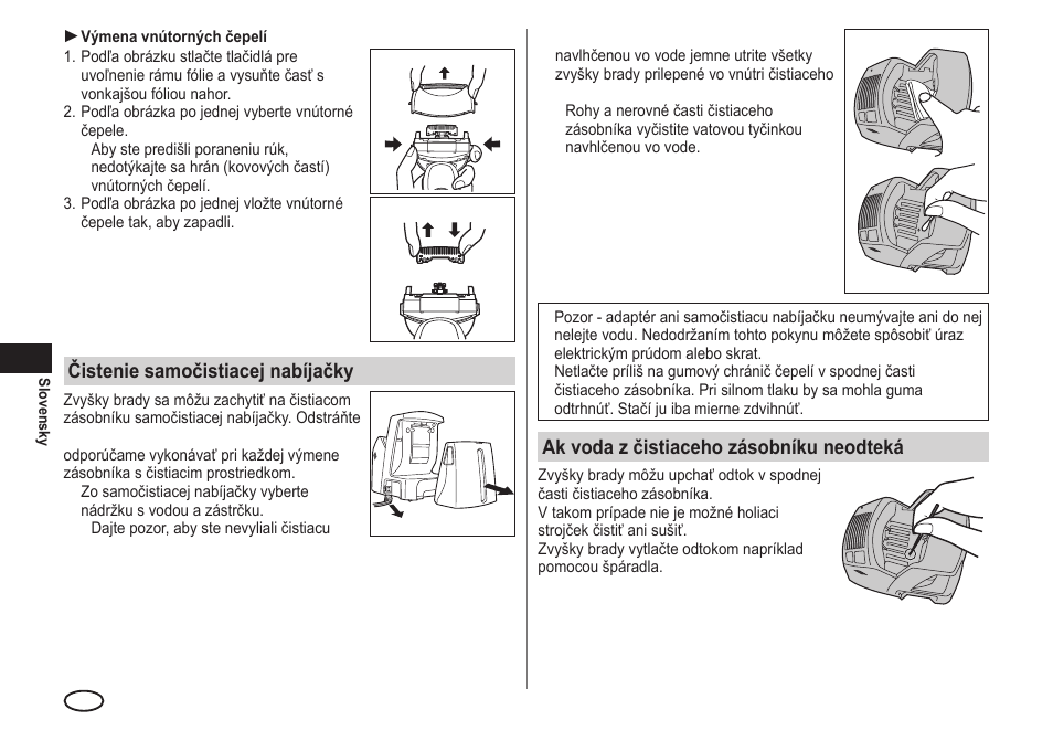 Ak voda z čistiaceho zásobníku neodteká, Čistenie samočistiacej nabíjačky | Panasonic ESLA93 User Manual | Page 144 / 178