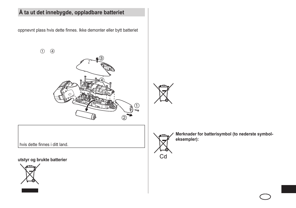 Å ta ut det innebygde, oppladbare batteriet | Panasonic ESLA93 User Manual | Page 95 / 178