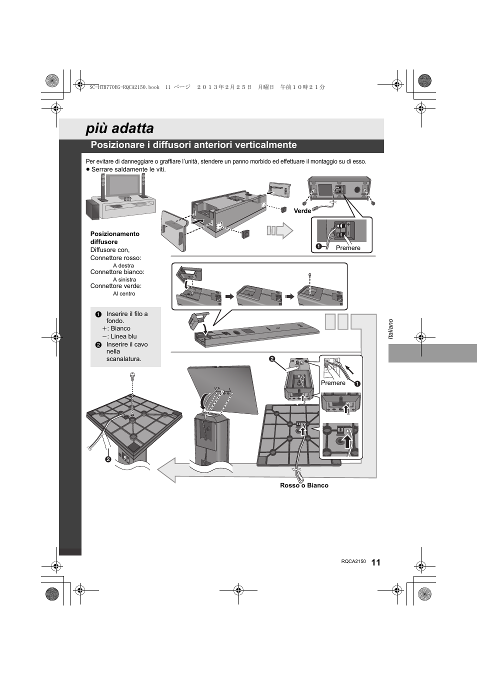 Inserire il filo a fondo, Inserire il cavo nella scanalatura, Più adatta | Posizionare i diffusori anteriori verticalmente | Panasonic SCHTB770EG User Manual | Page 11 / 44