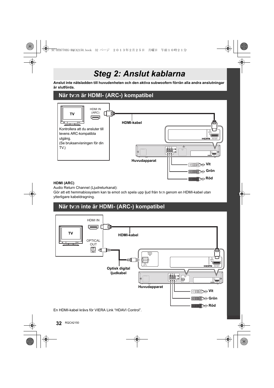 Steg 2: anslut kablarna, När tv:n är hdmi- (arc-) kompatibel, När tv:n inte är hdmi- (arc-) kompatibel | En hdmi-kabel krävs för viera link “hdavi control | Panasonic SCHTB770EG User Manual | Page 32 / 44