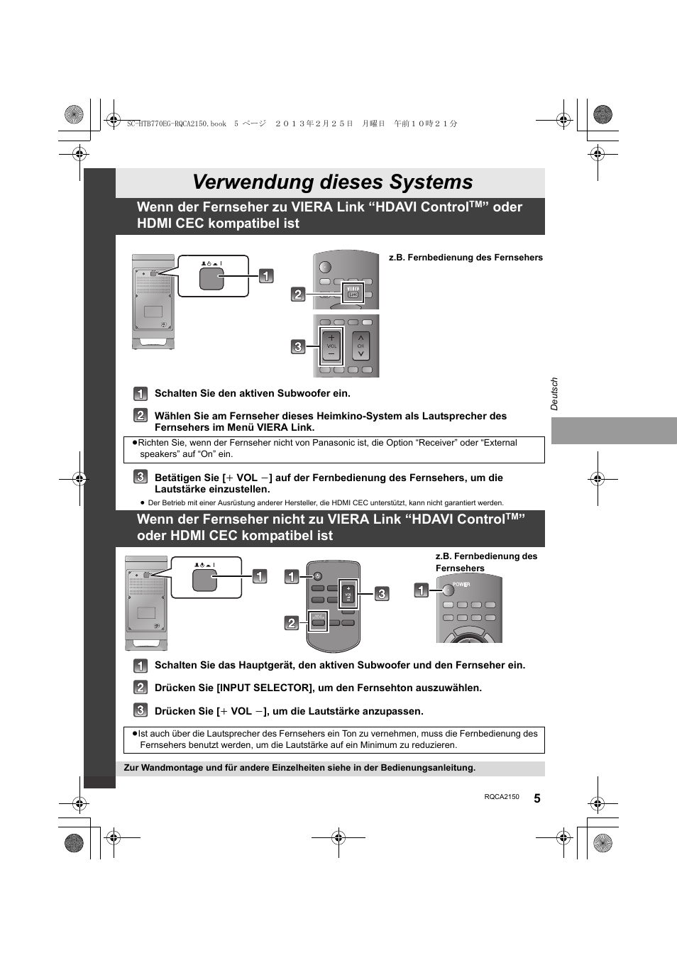 Verwendung dieses systems, Wenn der fernseher zu viera link “hdavi control, Oder hdmi cec kompatibel ist | Panasonic SCHTB770EG User Manual | Page 5 / 44