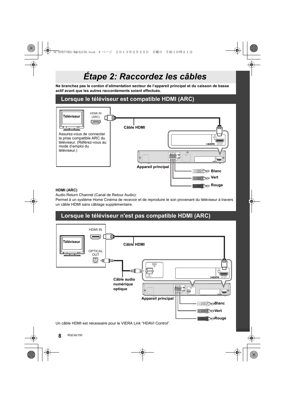 Étape 2: raccordez les câbles, Lorsque le téléviseur est compatible hdmi (arc) | Panasonic SCHTB770EG User Manual | Page 8 / 44