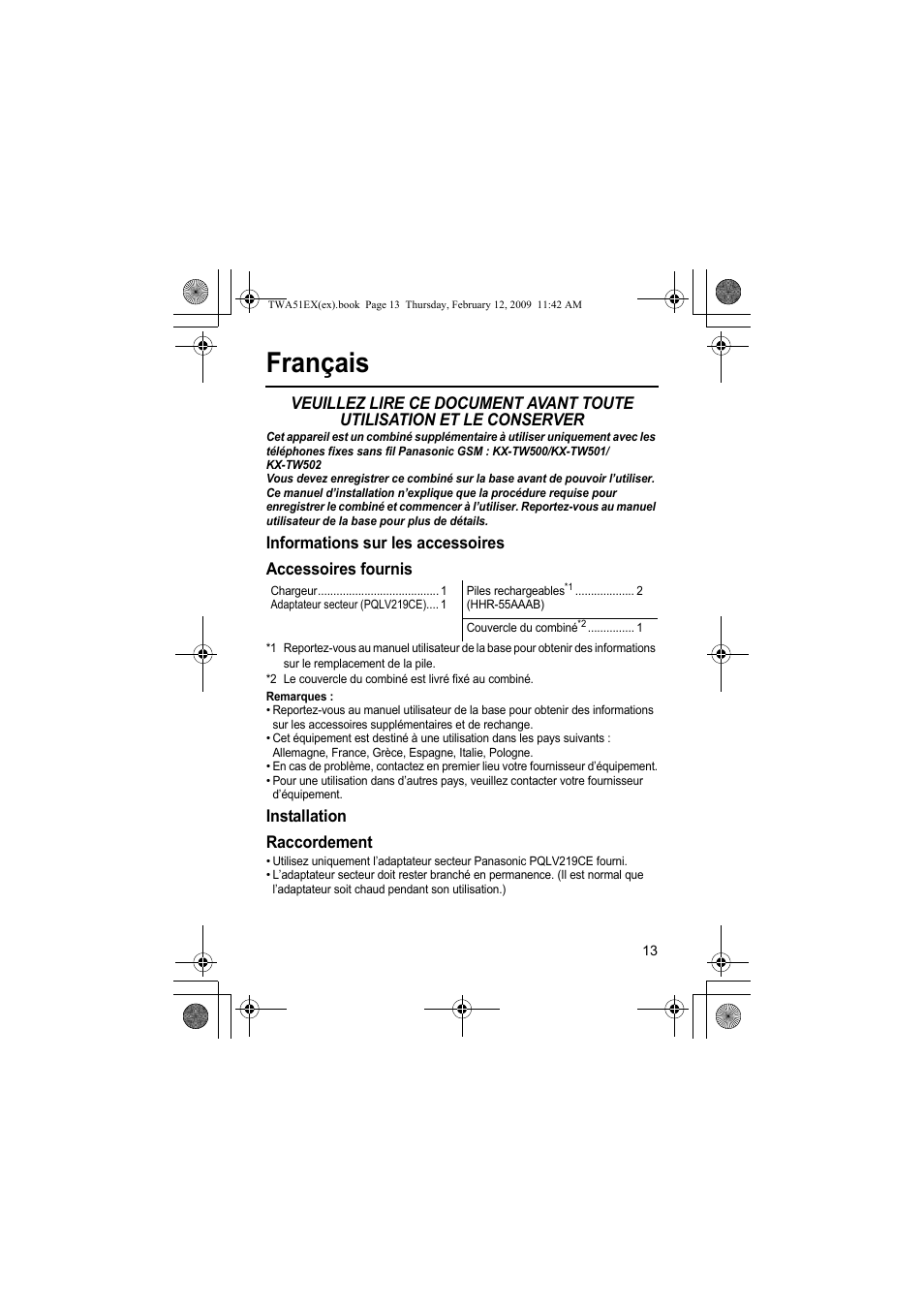 Français, Installation raccordement | Panasonic KXTWA51EX User Manual | Page 13 / 44