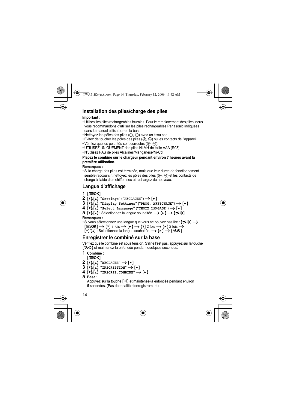 Installation des piles/charge des piles, Langue d’affichage, Enregistrer le combiné sur la base | Panasonic KXTWA51EX User Manual | Page 14 / 44