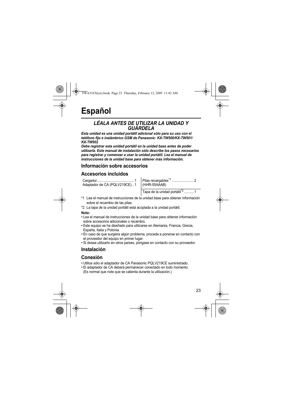 Español, Léala antes de utilizar la unidad y guárdela, Información sobre accesorios accesorios incluidos | Instalación conexión | Panasonic KXTWA51EX User Manual | Page 23 / 44