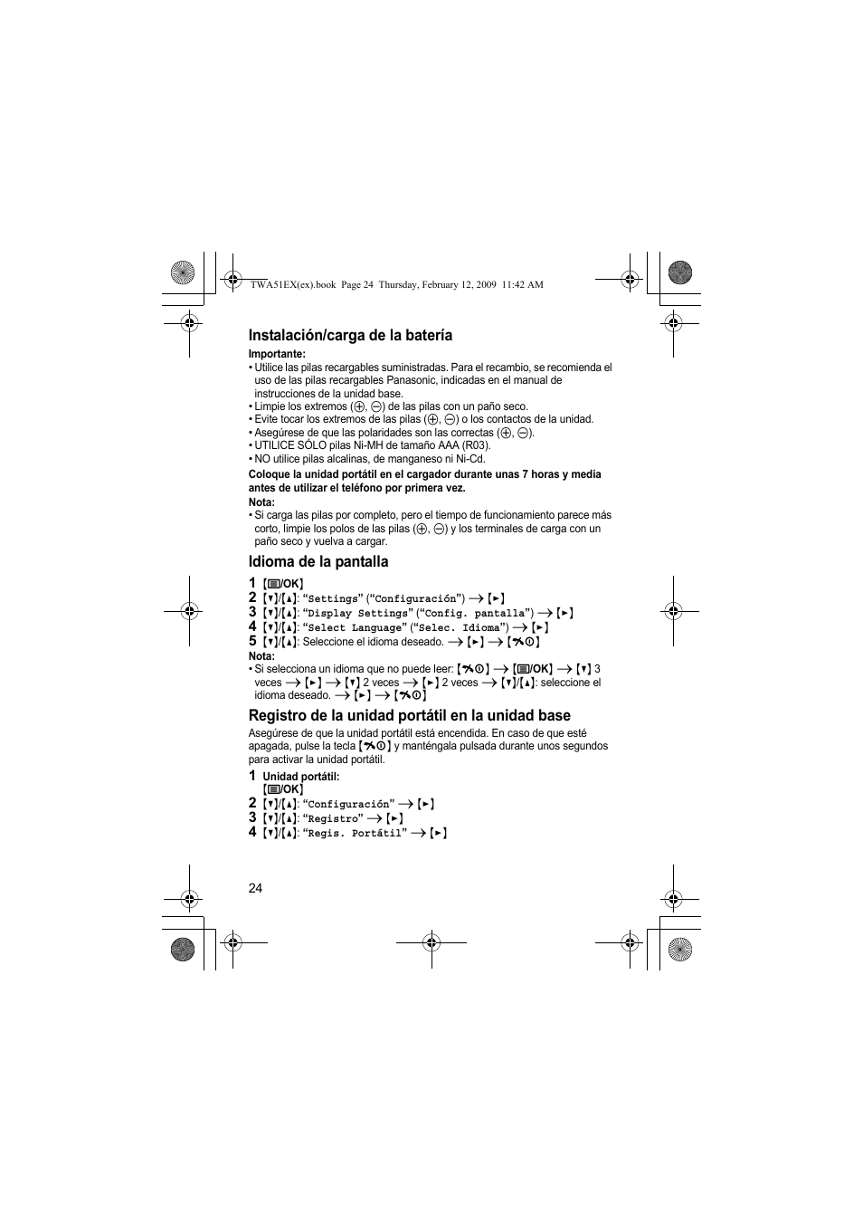 Instalación/carga de la batería, Idioma de la pantalla, Registro de la unidad portátil en la unidad base | Panasonic KXTWA51EX User Manual | Page 24 / 44