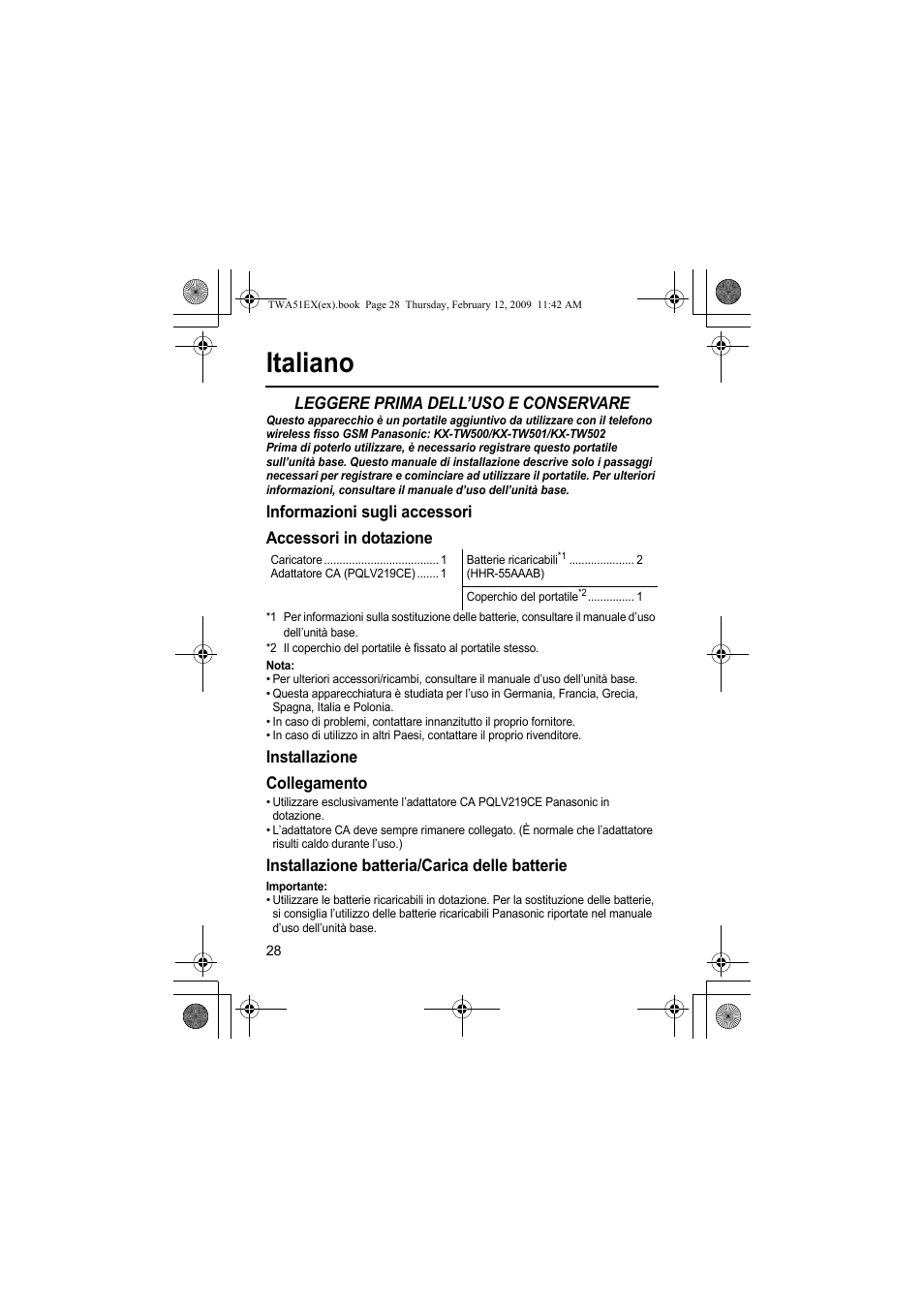 Italiano, Leggere prima dell’uso e conservare, Installazione collegamento | Installazione batteria/carica delle batterie | Panasonic KXTWA51EX User Manual | Page 28 / 44