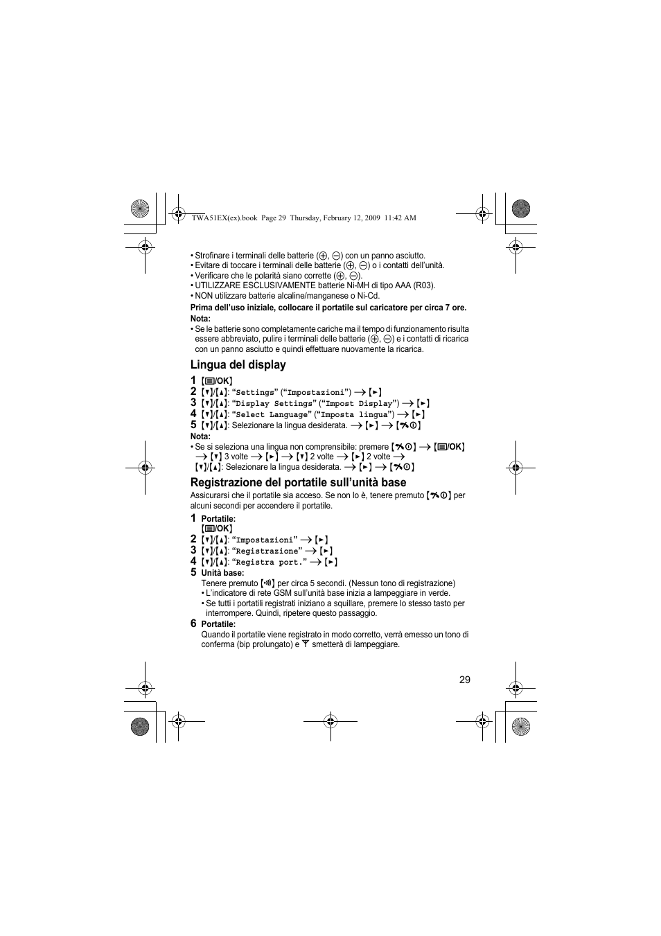 Lingua del display, Registrazione del portatile sull’unità base | Panasonic KXTWA51EX User Manual | Page 29 / 44