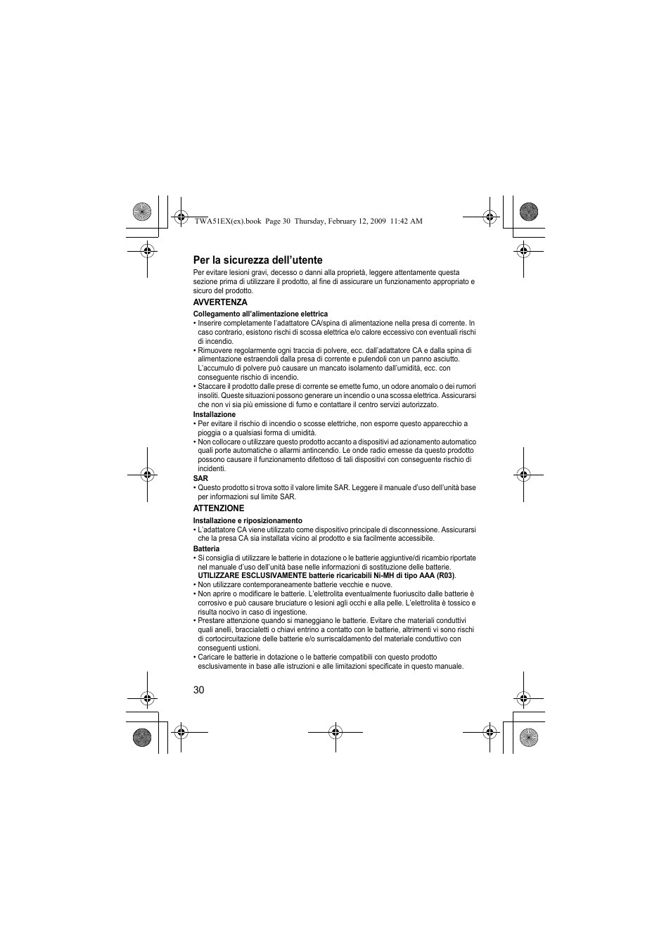 Per la sicurezza dell’utente | Panasonic KXTWA51EX User Manual | Page 30 / 44